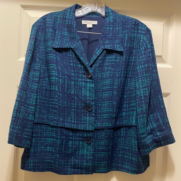 Pendleton Petite Linen Blend Blazer Teal Royal Blue Crepe Abstract Size L - Picture 1 of 6